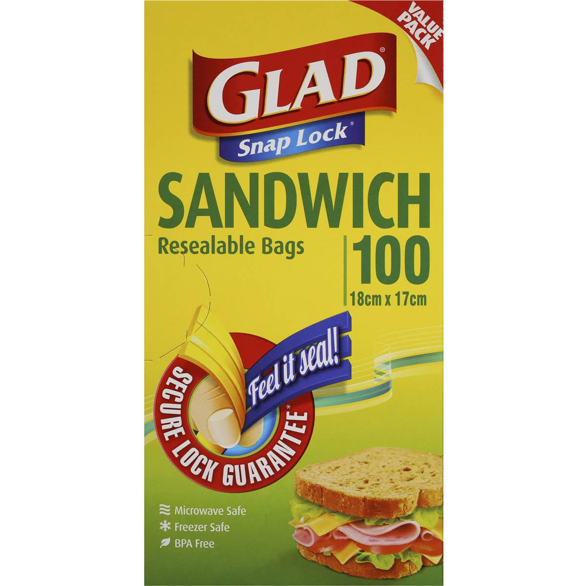 Glad Bag Snaplock Sandwich Bag 18cm x 17cm 100pk