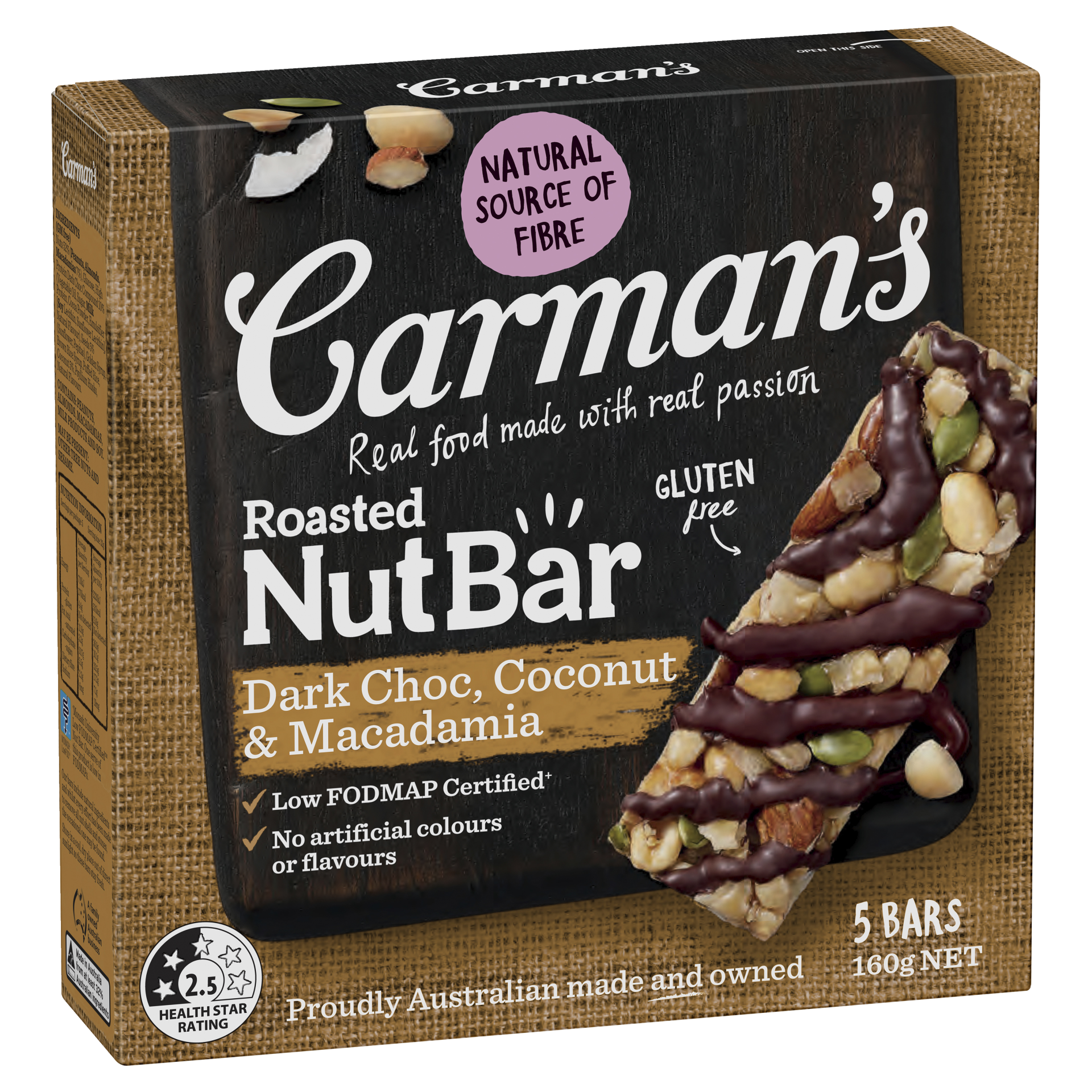 Carmans Dark Choc Coconut & Macadamia Bar 5pk