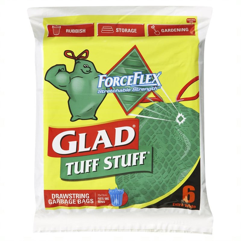 Glad Tuff Stuff Drawstring Garbage Bags 70x72cm 56L 6pk