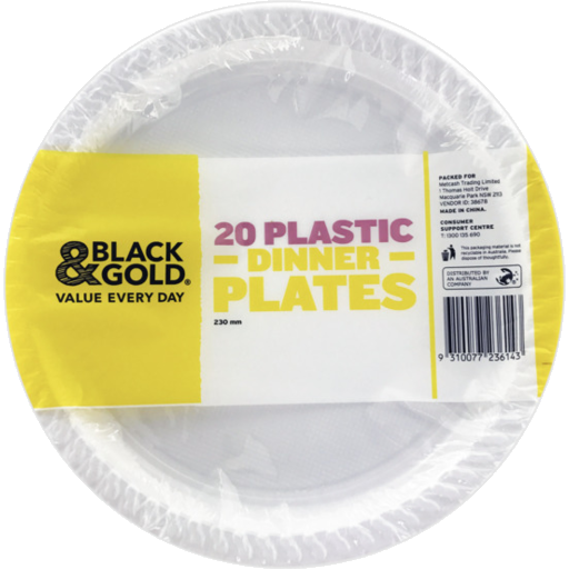 Black & Gold Plastic Dinner Plate 23cm 20pk