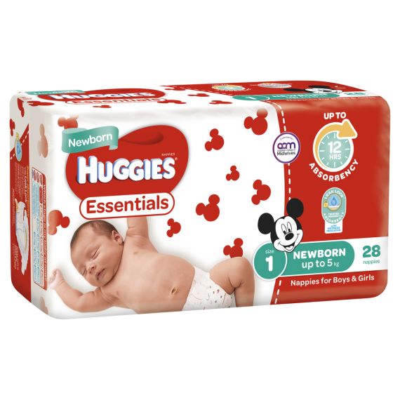 Huggies Essential Nappy Size 1 Newborn Up To 5kg 28pk