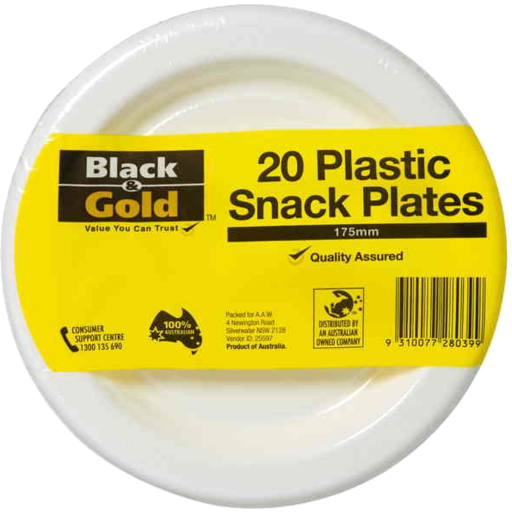 Black & Gold Plastic Snack Plate 18cm 20pk