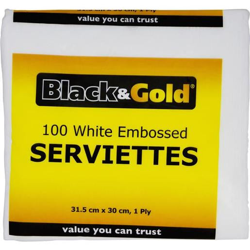 Black & Gold White Serviettes 1 Ply 100pk